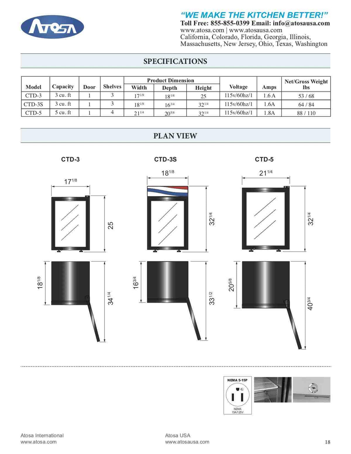 17 1/4" Countertop Reach-in Glass Merchandiser Display Refrigerator for Cafeteria Deli Convenient Stores | LED Lighting by Atosa – 17 1/4" Countertop, 2.4 cubic_feet, Model CTD-3