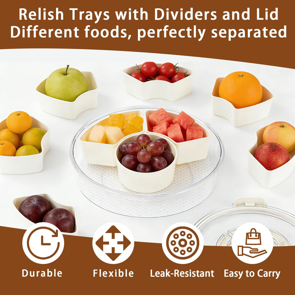 Fevbcnrj Divided Relish Tray with Lid, 10.6 Inch, White