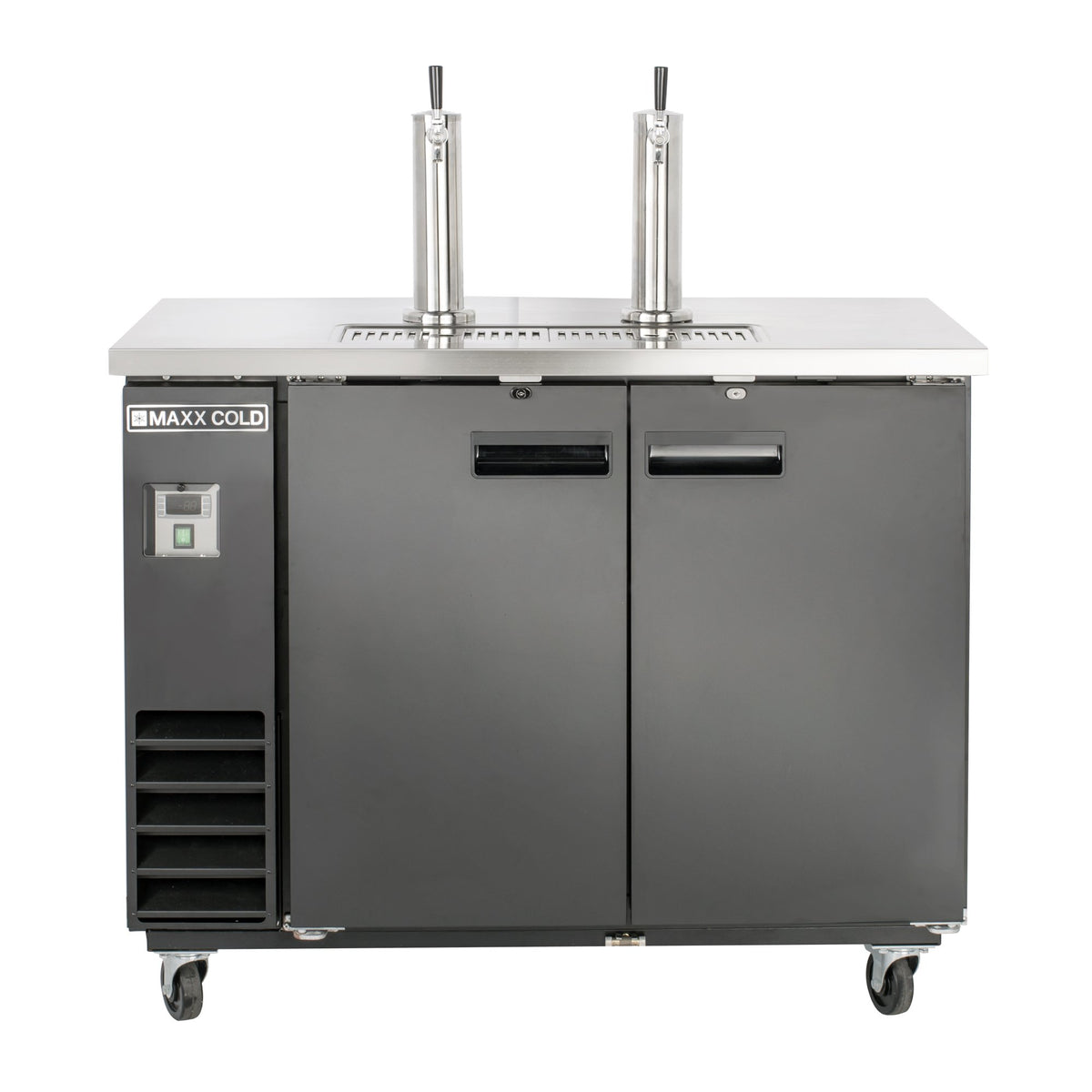 Dual Tower Beer Dispenser by MAXX Cold – 47.5 Inch Wide, 10.5 cubic_feet, Stainless Steel, Black, Model MXBD48-2BHC
