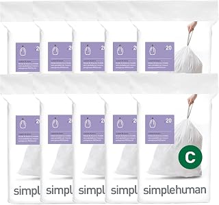 simplehuman Code C 200 Count Custom Fit Liners, Drawstring Kitchen Trash Bags, One-by-One Mess-Free Dispense, Extra Thick & Double Seamed, 50% PCR Plastic, 10-12 Liter / 2.6-3.2 Gallon, White