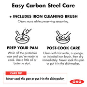 Obsidian 10” Carbon Steel Frying Pan by OXO – 10" Fry Pan with Silicone Sleeve and Brush, 3.0 cups, Cast Iron, Black, Model CC011490-001