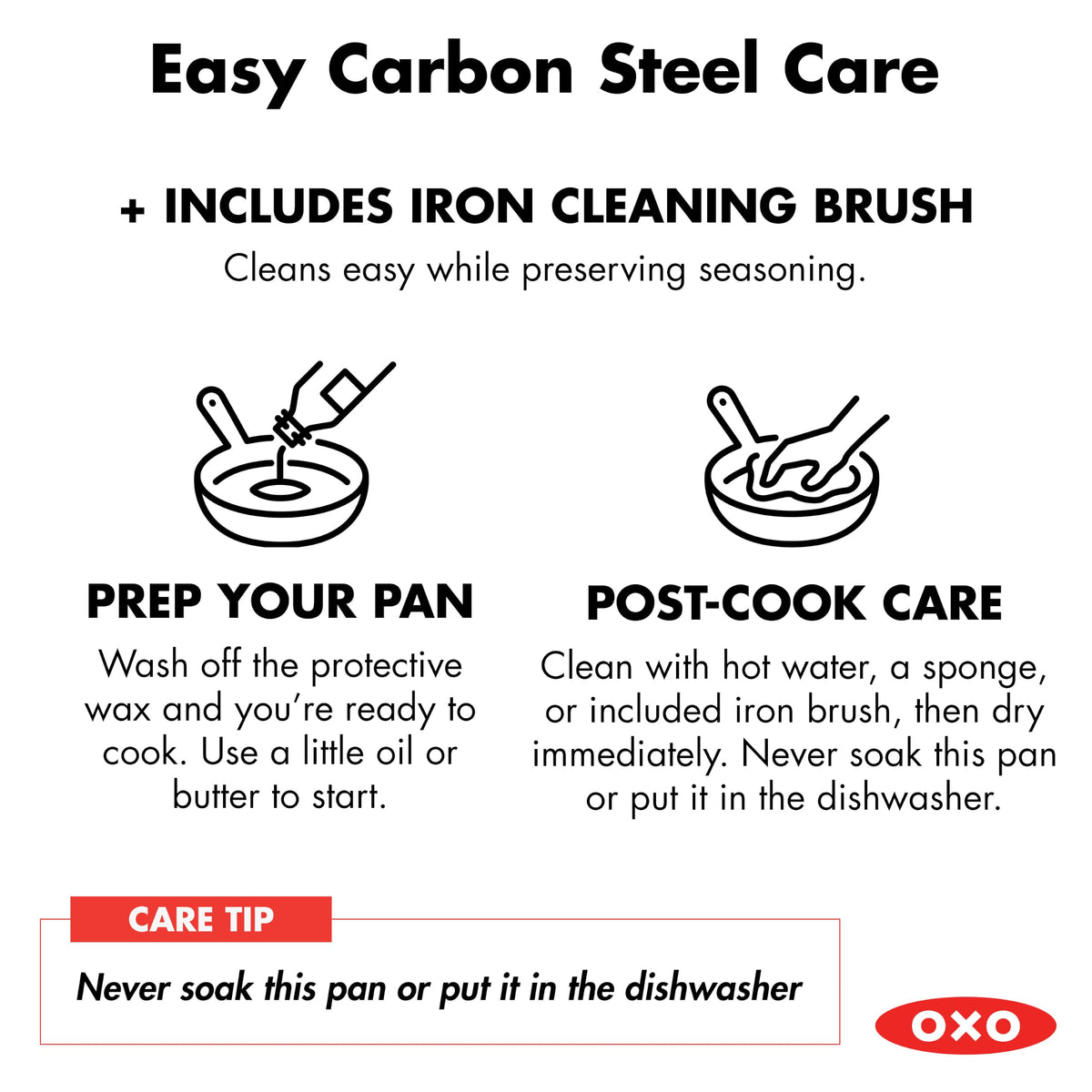 Obsidian 10” Carbon Steel Frying Pan by OXO – 10" Fry Pan with Silicone Sleeve and Brush, 3.0 cups, Cast Iron, Black, Model CC011490-001