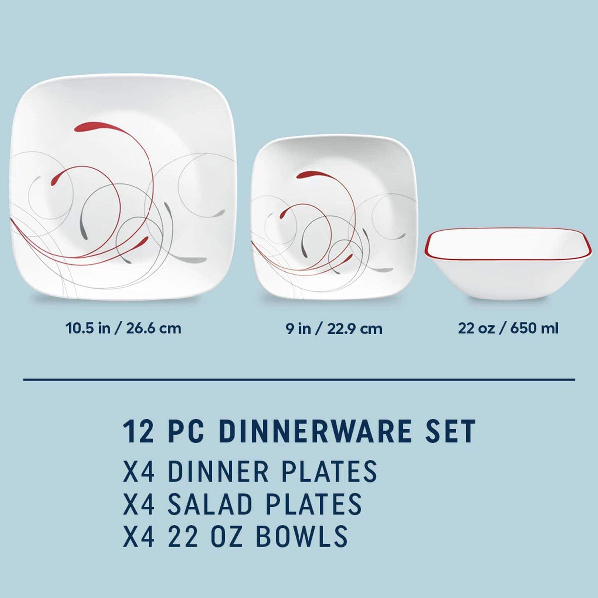 Square Splendor 12-Piece Dinnerware Set by Corelle – Glass, Gray, Pack of 12