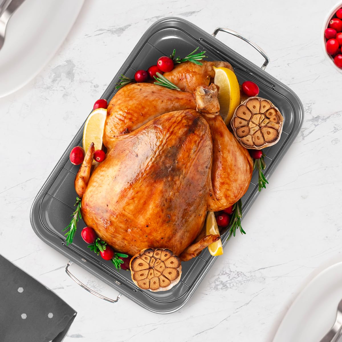 Glad Roasting Pan with Rack, Large Nonstick Carbon Steel, Gray