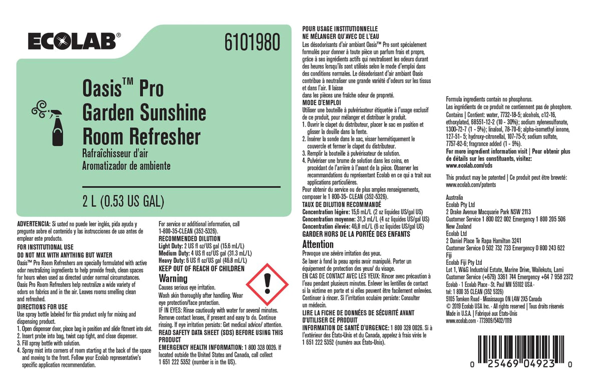 Oasis Pro Garden Sunshine Room Refresher - 2 Liter by Ecolab – 67.63 Fl Oz (Pack of 1), Green, Model 6101980