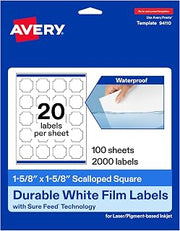 Avery Printable Durable White Square Scalloped Labels, Sure Feed® Technology, 1-5/8" x 1-5/8", Print-to-the-Edge, Waterproof Labels, Laser & Pigment-Based Inkjet Compatible, 2000 Total