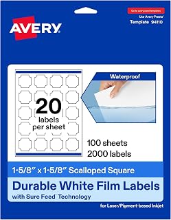 Avery Printable Durable White Square Scalloped Labels, Sure Feed® Technology, 1-5/8" x 1-5/8", Print-to-the-Edge, Waterproof Labels, Laser & Pigment-Based Inkjet Compatible, 2000 Total