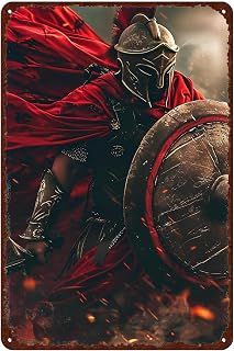 Vintage Metal Tin Sign Spartan Warrior Red Cape Shield 12x8 In