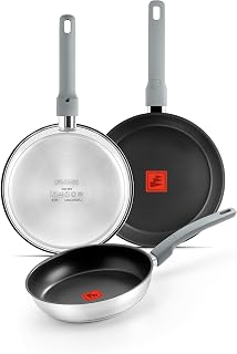 Elite Non Stick Set of 3 Frying Pans, 20-24-26 cm, 18/10 Stainless Steel, Three-Layer Non-Stick Coating, PFOA-Free, TherMonix Temperature Display, Ergonomic Soft Touch Handle