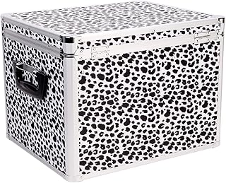 Vaultz Locking File Storage Chest, Two-Handled, Letter/Legal, Leopard Print | Combination lock secures documents, dual carrying handles for portability, measures 17.5x14x12.5 inches, black and white