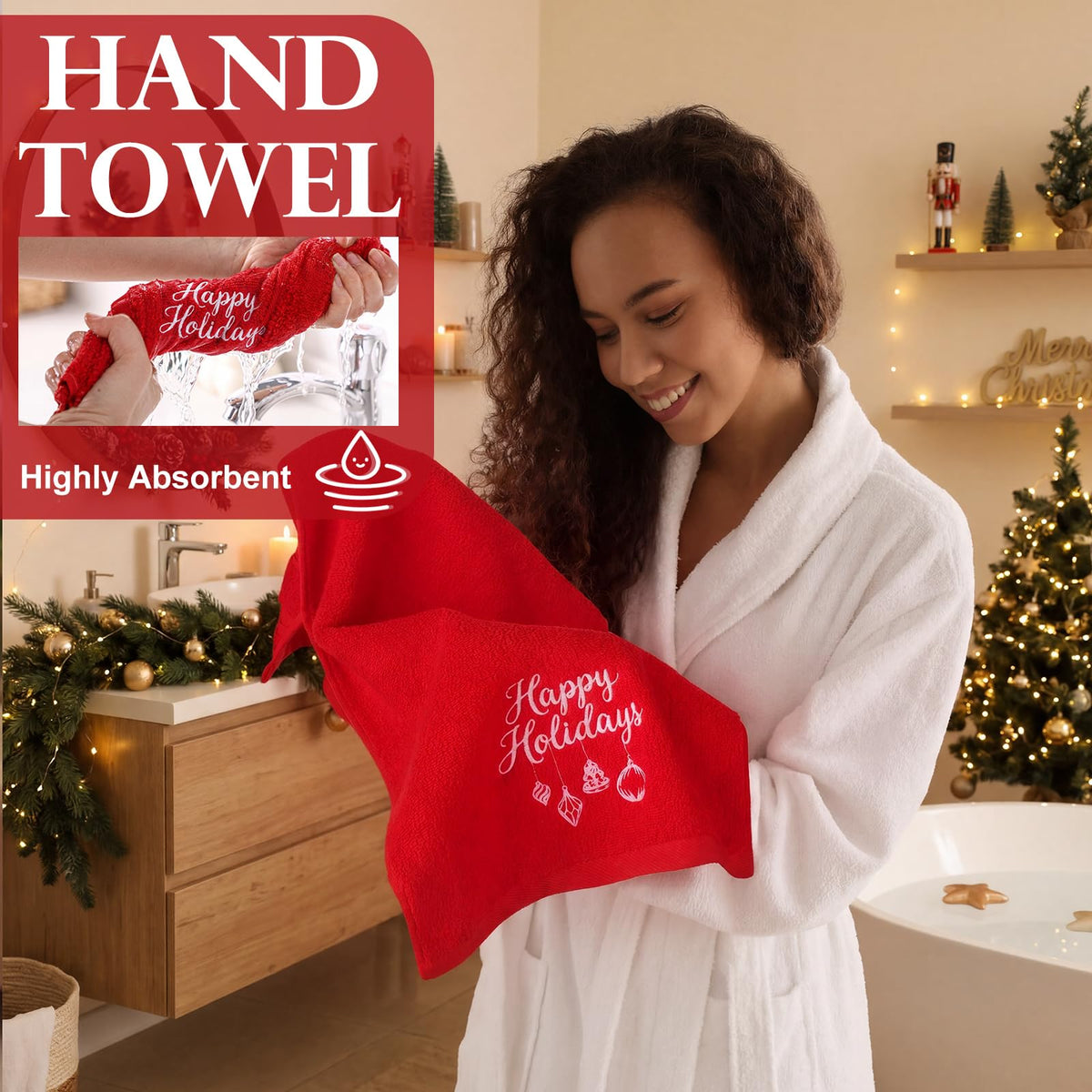 Hahafelt Cotton Bath Towel Set, 3 Piece, Red Christmas