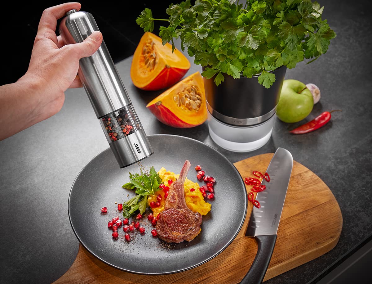 Trico Salt or Pepper Mill by GEFU – 40g Peppercorns or 80g Salt, 40 grams, Stainless Steel, Stainless, Model 89550