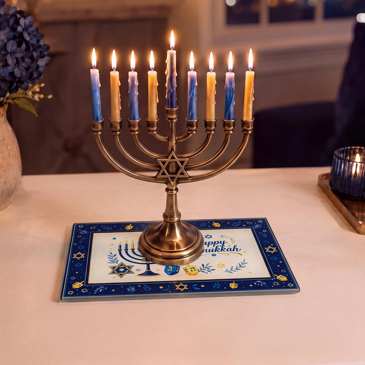 OBreezify Hanukkah Glass Drip Tray, 12 x 8 Inch, Multicolor