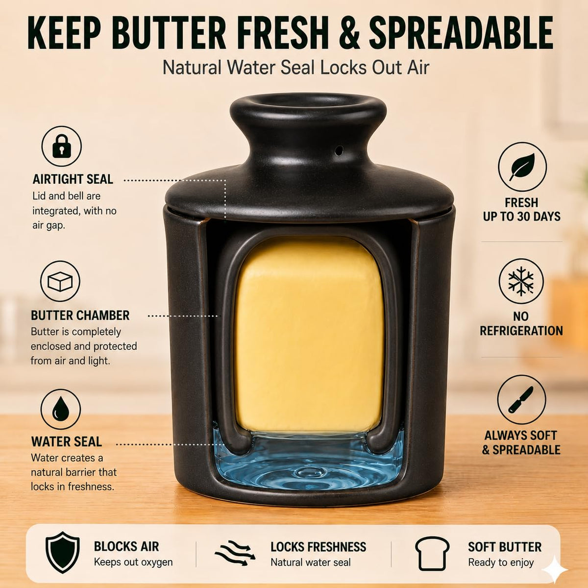 Teapeak Ceramic Butter Keeper, Water Seal Design, Black