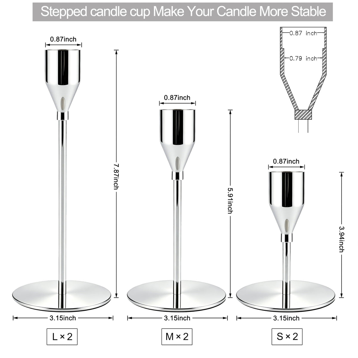 ECHFSM Metal Candlestick Holders, Silver Taper Stands, Set of 6