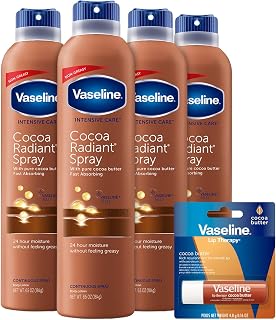 Vaseline Cocoa Radiant Spray 4-Pack + Cocoa Butter Lip Therapy Stick for Soft, Smooth Skin & Lips