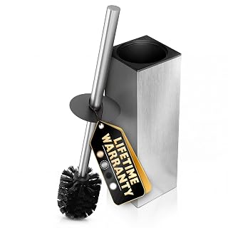 Silver Toilet Brush and Holder Set, Stainless Steel (Square) | Toilet Brush with Holder Set for Bathroom, Splash Guard and Dense Bristles, Removable Bowl, Scratch- & Corrosion-Resistant
