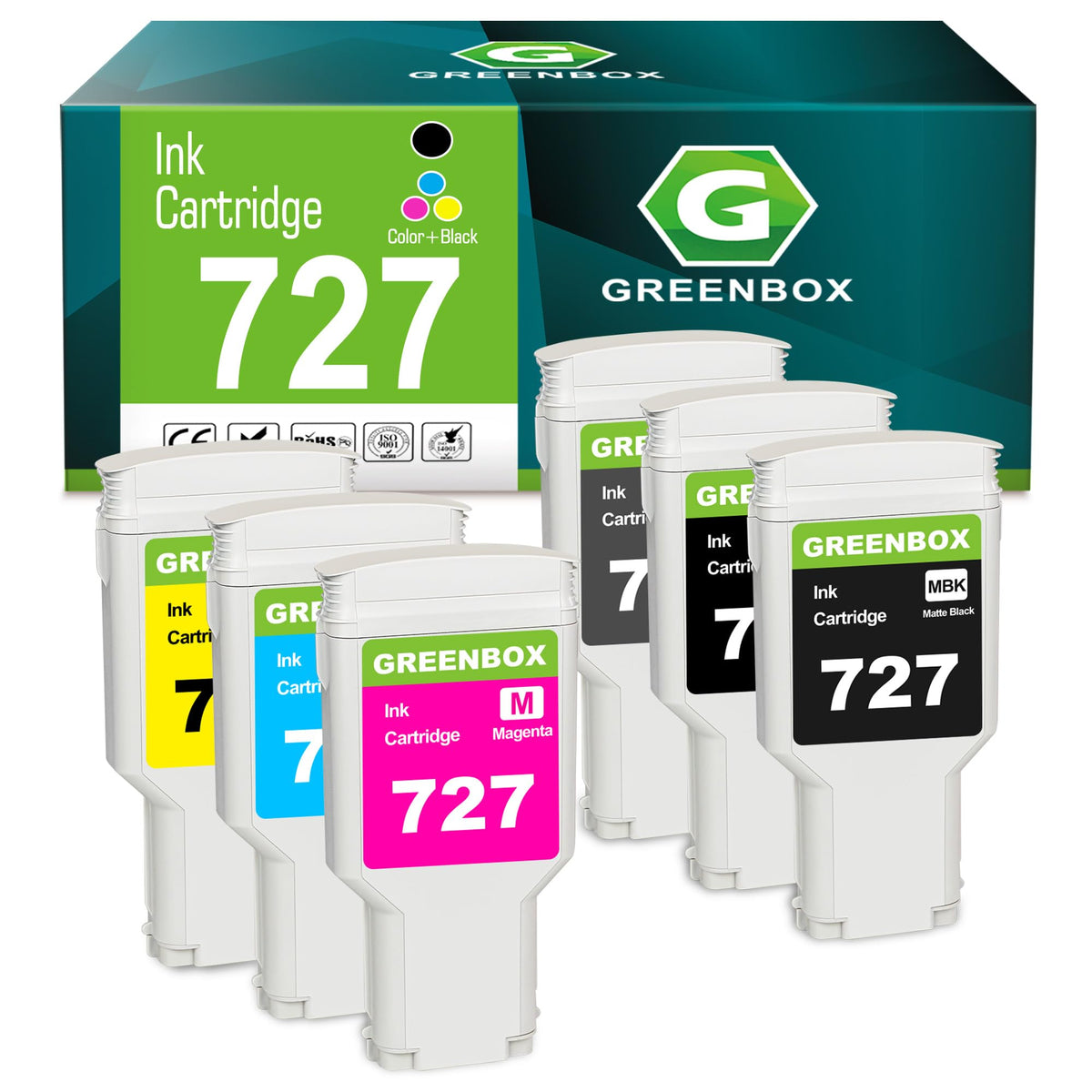 Ink Cartridge C1Q12A F9J76A F9J77A F9J78A F9J79A F9J80A by GREENBOX – 727 C1Q12A F9J79A F9J76A F9J77A F9J78A F9J80A Ink, Photo Black Matte Black Gray Cyan Yellow Magenta, Pack of 6