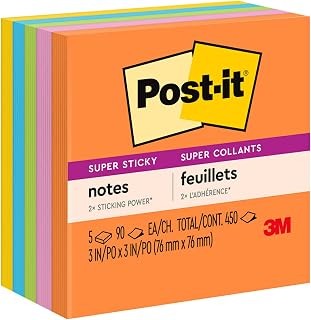 Post-it Super Sticky Notes, 5 Sticky Note Pads, 3 x 3 in., School Supplies for Students, Ideal for Textbooks, Notebooks, Walls and Vertical Surfaces, Energy Boost Collection