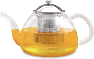 Farberware Glass Teapot, Tea Brewer for Blooming Loose Leaf Teas, Borosilicate Glass Tea Steeper, Non-Drip Spout, Stainless Steel Infuser, 5 Cup Capacity