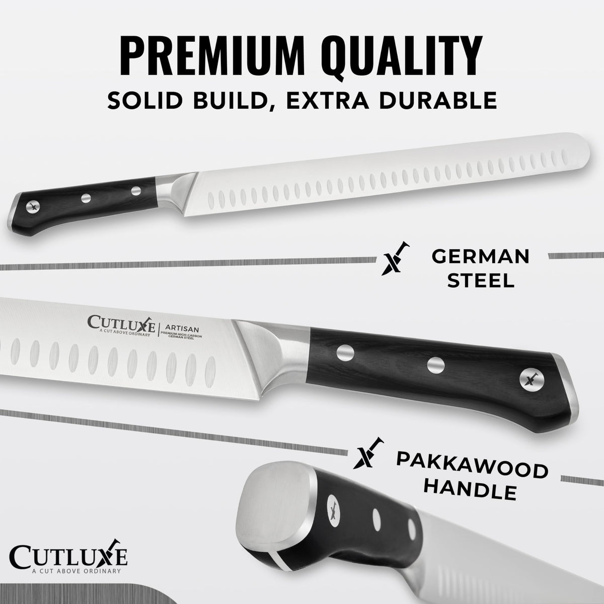 Cutluxe Butcher Knife Set, 12-Inch Brisket, 10-Inch Cimeter, 6-Inch Boning, Gray