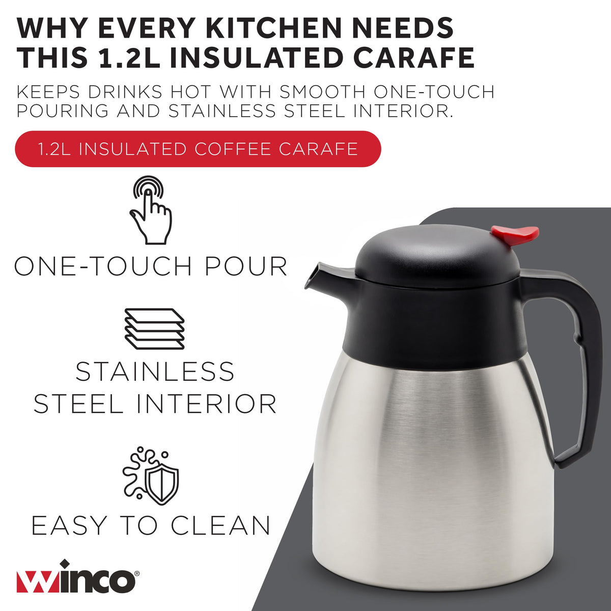 Winco 40.6 Ounces / Stainless Steel, Black / Modern Carafes