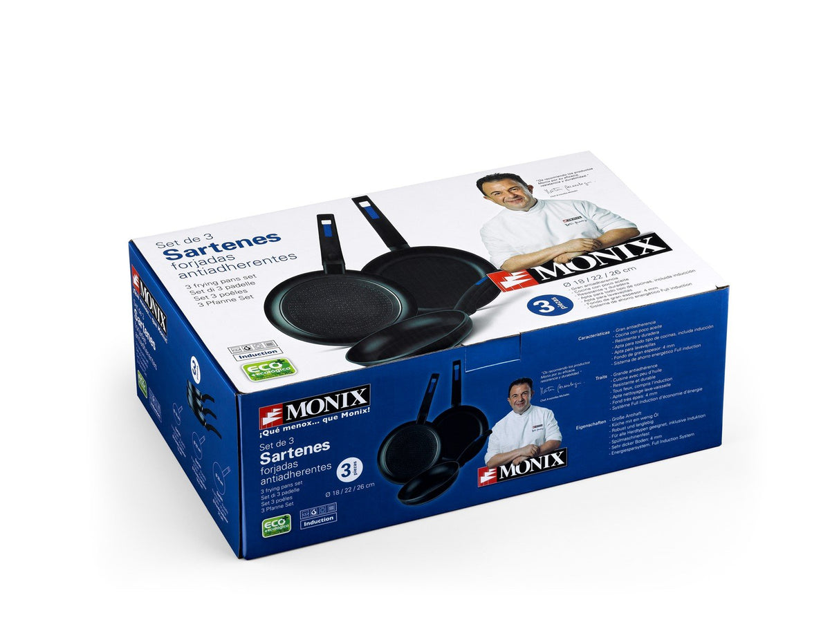 Martin i Forged Aluminium Frying Pans by Monix – 28x44.50x16 cm, 2 liters, Aluminum, Black, Pack of 3