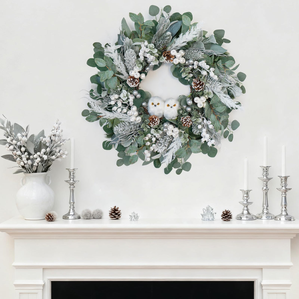 PureCosy Christmas Wreath, 24 Inch Artificial with Owl Pine Cones and Greenery, Owl Wreaths