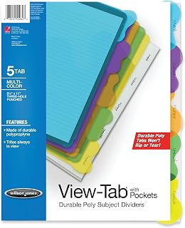 Wilson Jones View-Tab Transparent Dividers, Student Index with Pockets, 5-Tab Set, Multicolor Tabs (W55082)