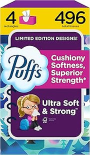 Puffs Facial Tissues Ultra Soft, 4 Family Boxes, 124 Facial Tissues per Box, Allergies and Colds (Packaging May Vary)