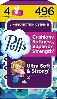 Puffs Facial Tissues Ultra Soft, 4 Family Boxes, 124 Facial Tissues per Box, Allergies and Colds (Packaging May Vary)