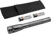MagLite Mini LED 2-Cell AA Flashlight – High-Powered Compact LED Light with Multi-Mode Function, Water-Resistant Aluminum Build, Adjustable Beam, Includes Batteries & Holster – Gray