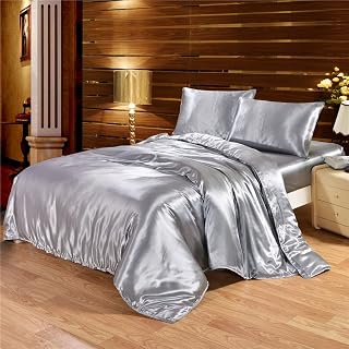 Duvet Cover - Silver King Size 94X104 King/Cal King Size with Button Closure & Corner Ties, Soft Silky Satin Comforter Cover (1 Pieces Duvet Cover)