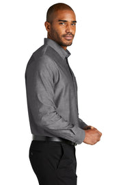 Men's Long Sleeve Chambray Easy Care Button-Down Shirt by Port Authority – Polyester,Cotton, Deep Black, Model W382