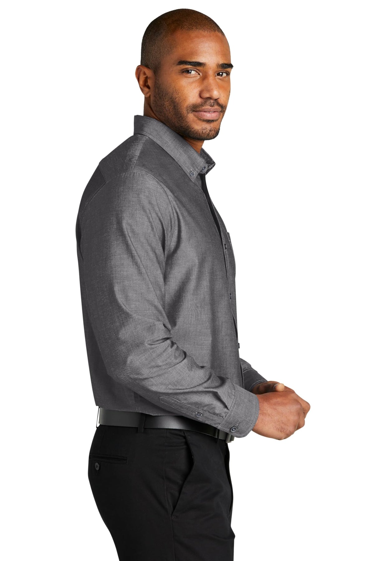 Men's Long Sleeve Chambray Easy Care Button-Down Shirt by Port Authority – Polyester,Cotton, Deep Black, Model W382