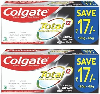 Colgate Total Charcoal Deep Clean Antibacterial Cavity Protection Toothpaste for Whole Mouth Health, 370g (2 x185g), Charcoal Deep Clean for 7 Dental Problems(6.5 Ounce)