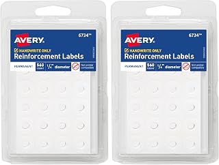 Avery Reinforcement Labels, 1/4" Diameter, Permanent Adhesive, White, Non-Printable, 560 Page Reinforcement Stickers (6734) (Pack of 2)