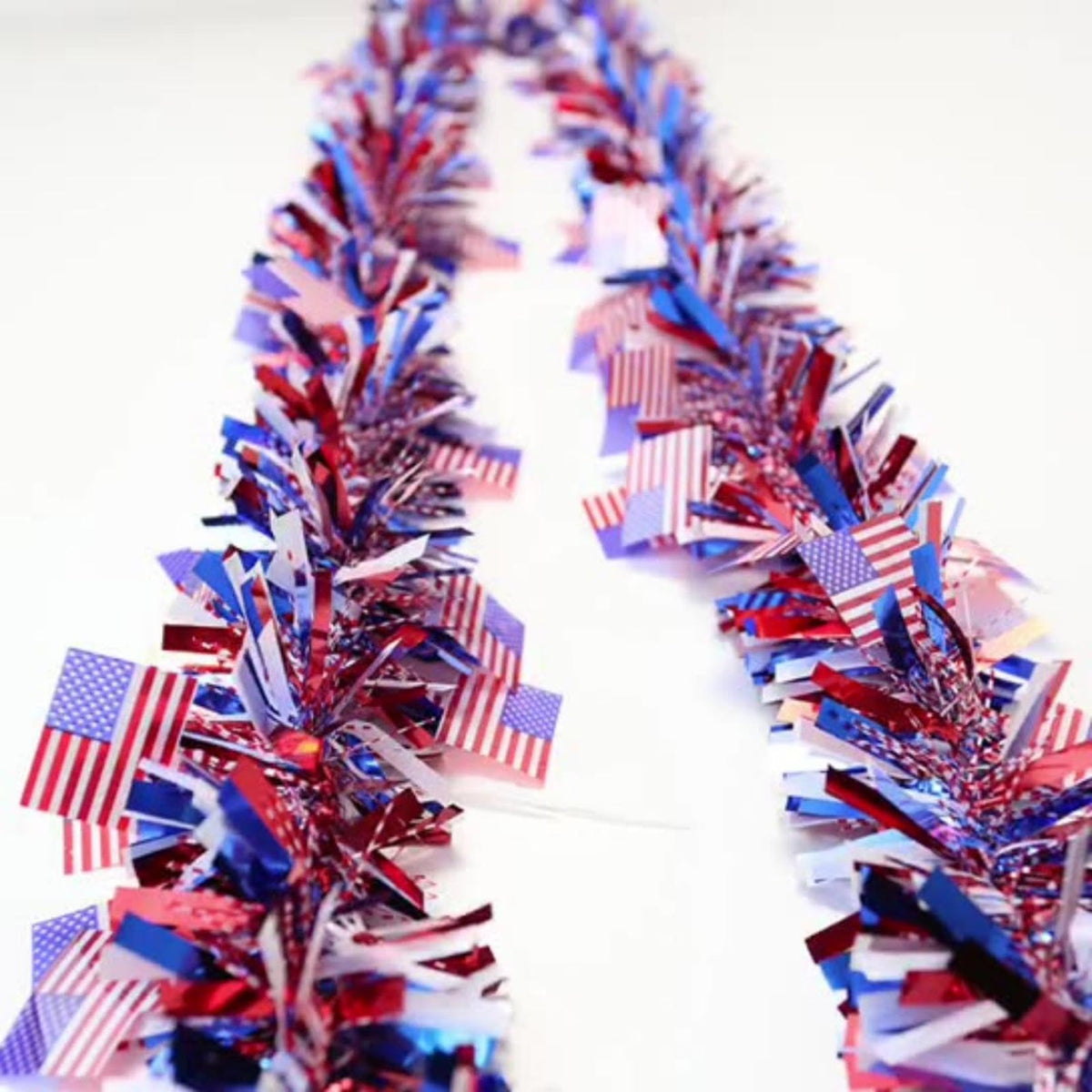 6.6Ft Patriotic Tinsel Garland with American Flag 4th of July Decorations Red White and Blue Glitter Metallic Foil Hanging Garland for Independence Day Memorial Day Holiday Party