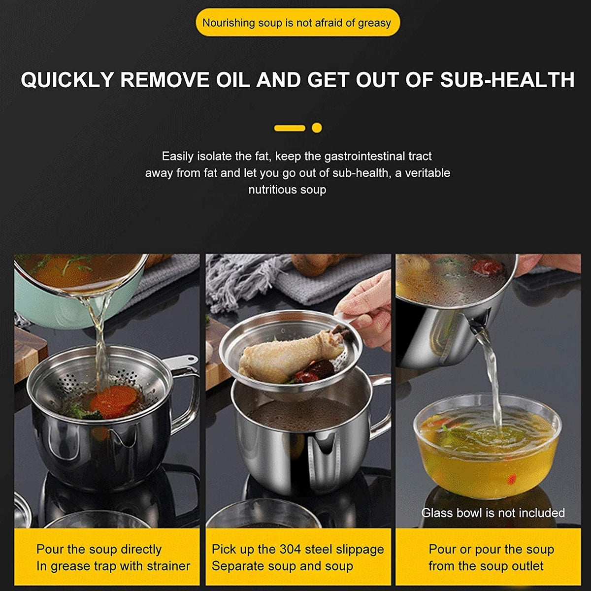 Elolicu Gravy Separator with Lid and Strainer, 1000ml Stainless Steel, Silver