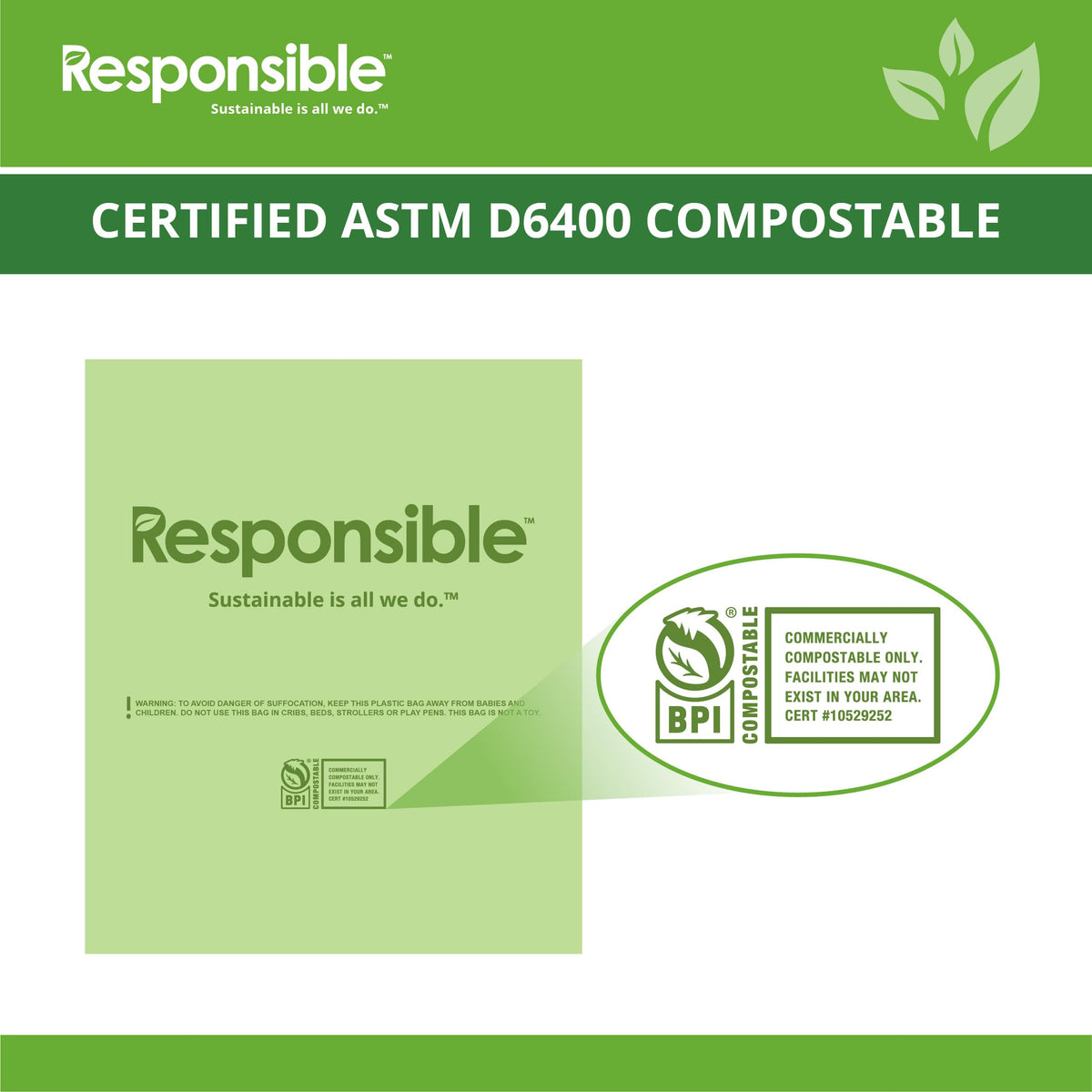 Compostable Tall Kitchen Trash Bags 64 Gallon - Heavy Duty Multipurpose Bin Liners for Food Scraps by Responsible Products – 1 Count (Pack of 120), Model RP-CKBAG64-120-120
