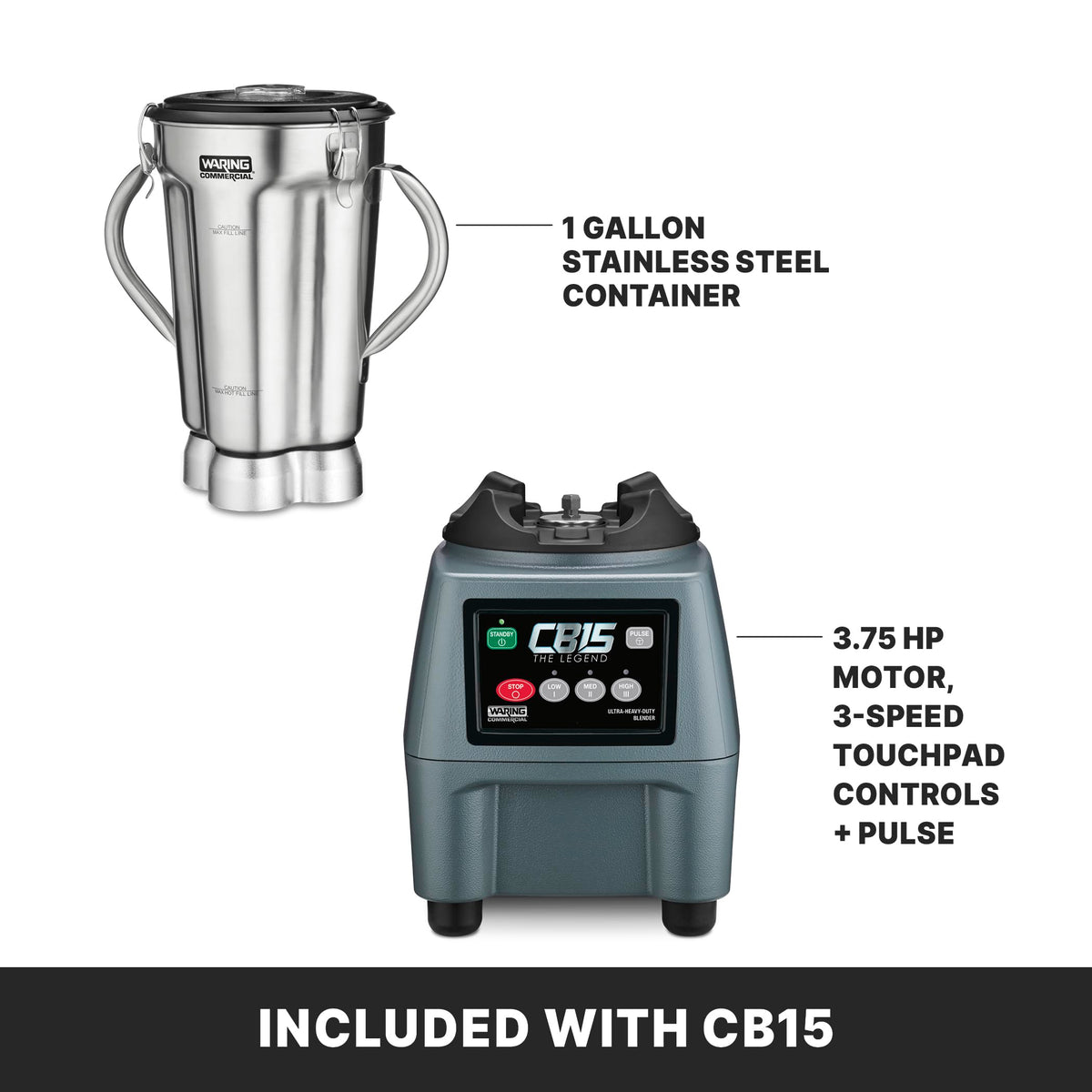 Waring 3 Speeds and Pulse / Stainless Steel Jar CB15 / 1-Gallon Countertop Blenders