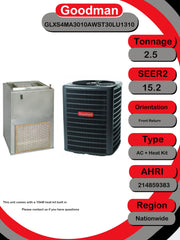 2.5 Ton 15.2 SEER2 R-32 Central Air Conditioning System with Wall-Mount Air Handler & 10 kW Electric Heat (GLXS4MA by Goodman – 2.5 tons, Gray, Model GLXS4MA3010AWST30LU1310