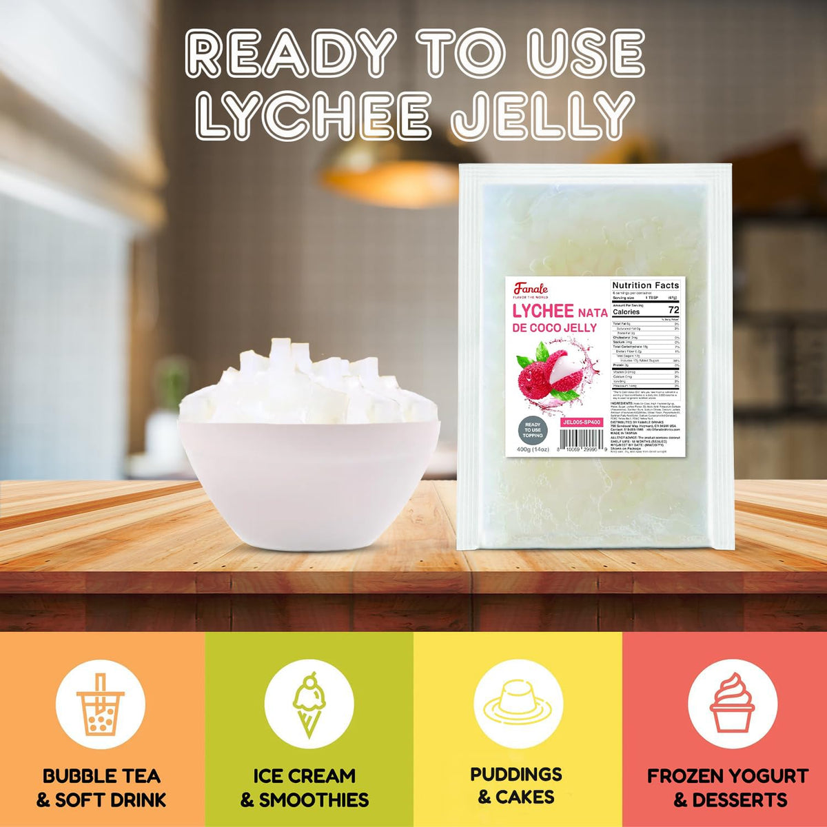 Coconut Jelly Topping nata de coco for Bubble Tea 400 g | Lychee Jelly | for Boba Tea by Fanale – 400g (Pack of 35)