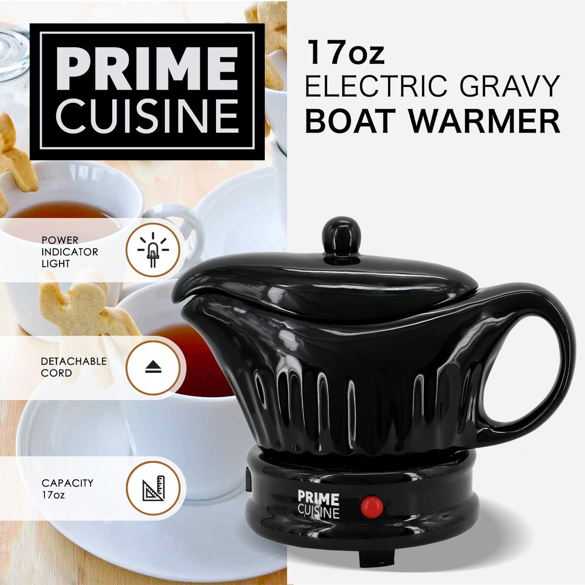 Prime Cuisine Electric Gravy Boat Warmer, 17 Ounces, Black