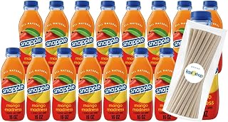 Snapple Mango Madness All Natural Fruit Juice 16 fl oz Plastic Bottle 16 Pack + 15 Sugarcane Disposable Straws by KOOL8SHOP Infinite Deals