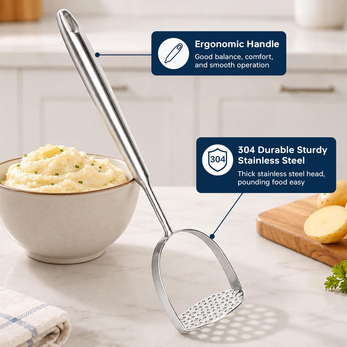 Newness Focus on Stainless Steel Potato Masher, One Piece Design, Silver