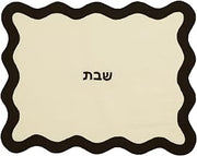 TOV Cream & Black Linen and Vegan Leather Wavy 20" x 16" Challah Cover - Judaica Tabletop