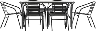 Flash Furniture Glass Dining Table with 6 Chairs, Black, 7-Piece Set | Commercial Grade, Umbrella Hole, Tempered Glass