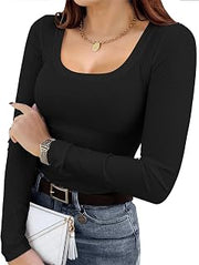 Plus Size Womens Long Sleeve Scoop Neck Ribbed Knit T-Shirt Fitted Casual Basic Tops