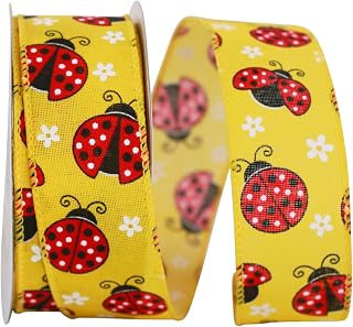 Reliant Ribbon 93404W-079-09H Ladybugs Linen Wired Edge Ribbon, 1-1/2 Inch X 20 Yards, Yellow